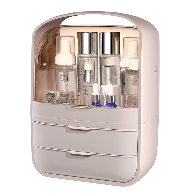Makeup Organizer Cosmetic Organizer Dustproof and Waterproof Makeup Storage Box 2 Drawers for Cosmetic Accessory and Jewellery Large Capacity Cosmetic Display Case with Handle(Pink)