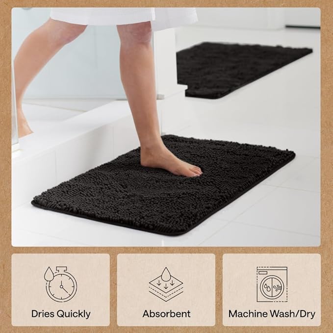GORILLA GRIP Bath Rug Mat 60x17, Thick Soft Absorbent Chenille, Quick Dry Microfiber Mats, Rubber Backing Washable Shower Floor Rugs, Bathmat Runner, US Designed Bathroom Home Decor Accessories Black