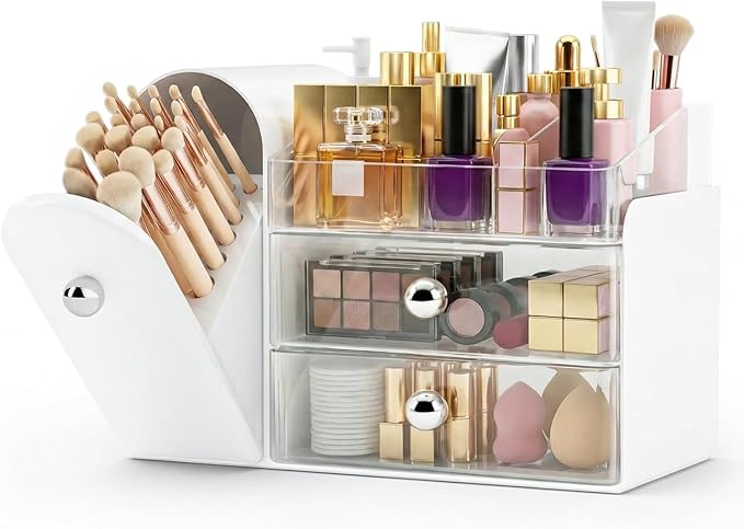 27 Slot Countertop Makeup Organizer with Brush Holder, 3-Tier Multifunctional Makeup Storage Organizer for Vanity, Fits Brushes & Large Cosmetics, Detachable & Easy to Clean