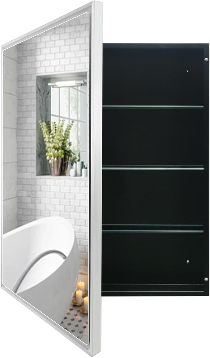 24x30 Inch Medicine Cabinet with Mirror, Brushed Nickel-Aluminum Frame, Farmhouse Bathroom Storage Cabinet (Recessed or Surface Mount)