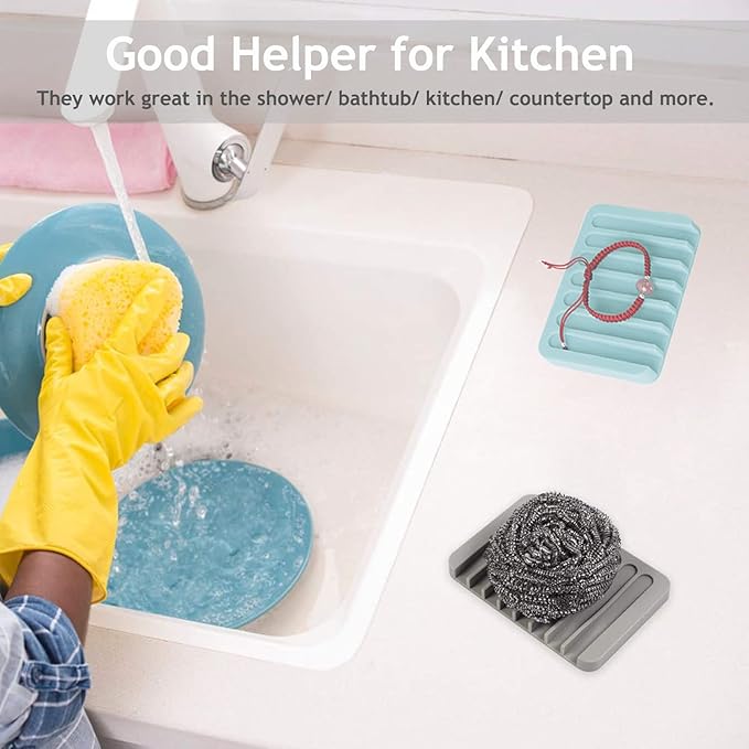 Self Draining Soap Dishes, 4 Pcs Silicone Waterfall Drainer Soap Holder for Bathroom, Extend Soap Life Keep Dry Clean & Easy Cleaning (Black & Grey)