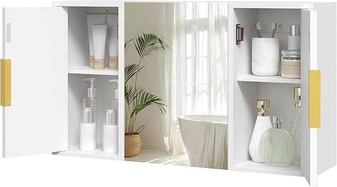 YATINEY Bathroom Wall Cabinet with Mirror, Medicine Cabinet Mirror, Wall Mounted Medicine Cabinet, Mirrored Door Over The Toilet Storage, for Laundry Room, Bedroom, Camper, Hallway, White