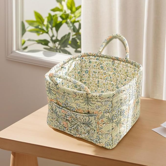 Quilted Fabric Basket Car Storage Basket Boho Floral Laundry Hamper for Nursery Bedroom & Living Room | Organize Clothes Toys