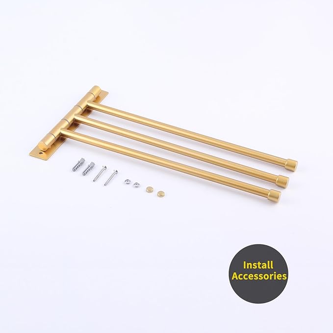 GERZWY SUS 304 Stainless Steel Bathroom Hand Towel Rack 3-Bar Folding Arm Swivel Hanger Bath Towel Holder Swing Out Towel Bar Wall Mount Gold Finished HYG03-BE