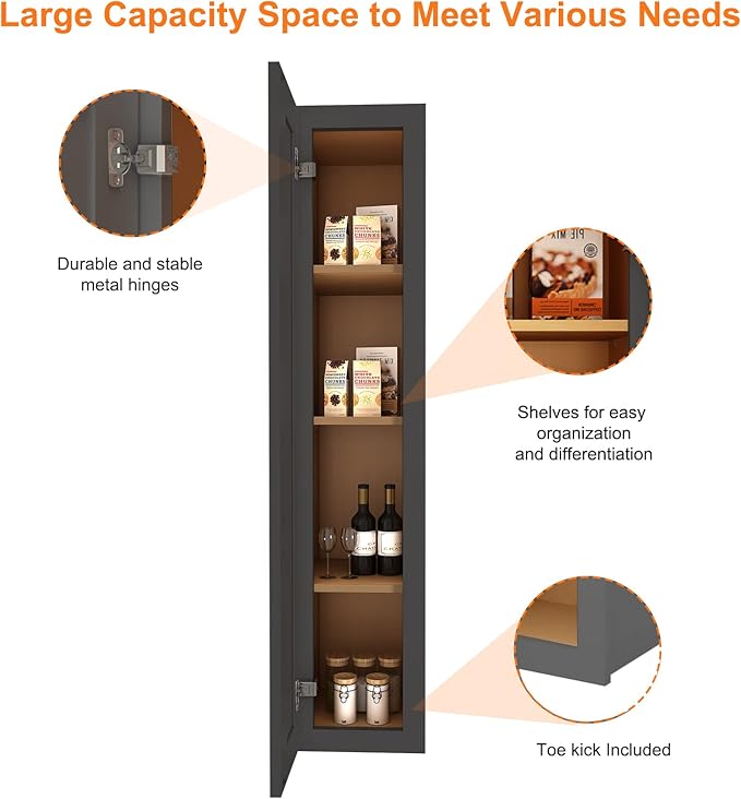 ROOMTEC Wood Wall Cabinet,RTA Single Door Medicine Cabinet with Adjustable Shelves and Soft-Close Door for Kitchen, Bathroom, and Laundry. 12" D*9" W*42" H, Shaker Grey