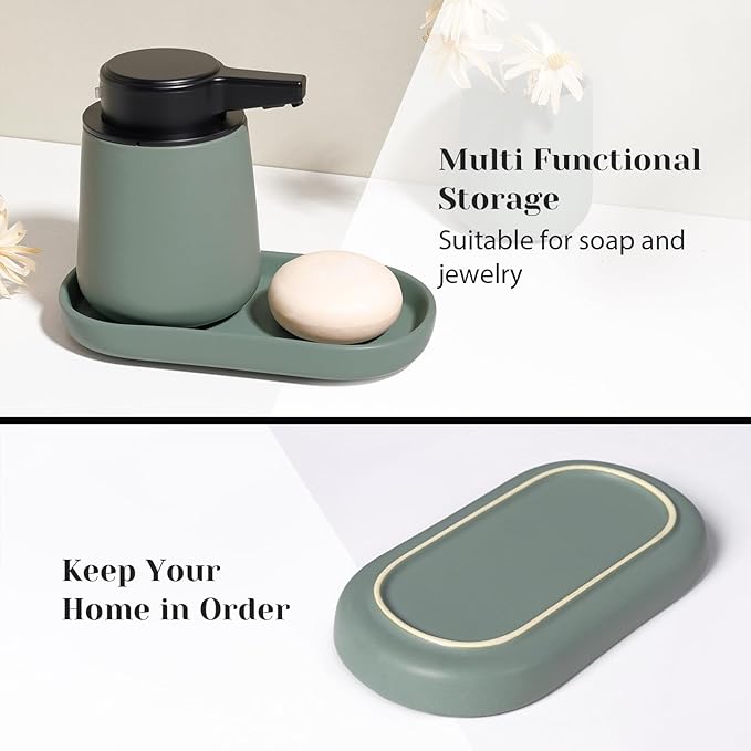 INGOFIN Automatic Ceramic Bathroom Accessory Set - 3 Pcs Auto Liquid Soap Dispenser Touchless, Toothbrush Holder & Tray, Smart Electric Bathroom Counter Set for Home, Guest Room, or Office, Green