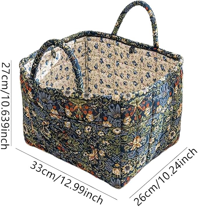 Quilted Fabric Storage Basket Boho Floral Laundry Hamper with Handle Foldable Floral Basket Organizer for Car Bedroom