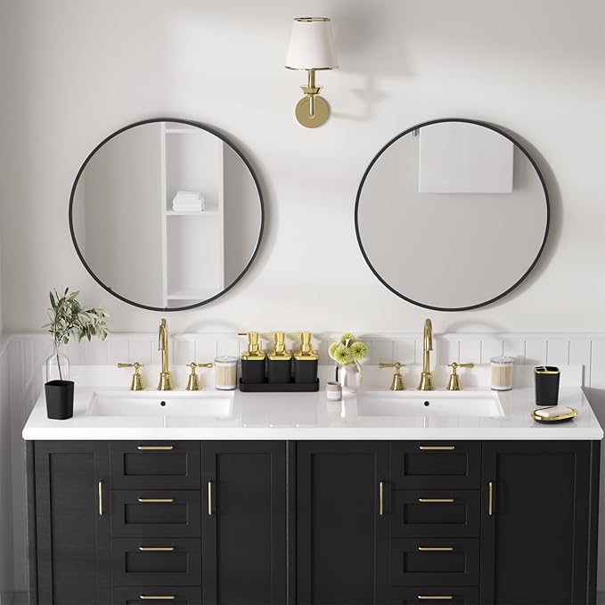 Bathroom Set — Black Bathroom Accessories Set, 11PC Bathroom Accessory Set, Black Bathroom Set with Push-lid Trash Can, 3PC Soap Dispensers, Toilet Brush & Qtip Holders
