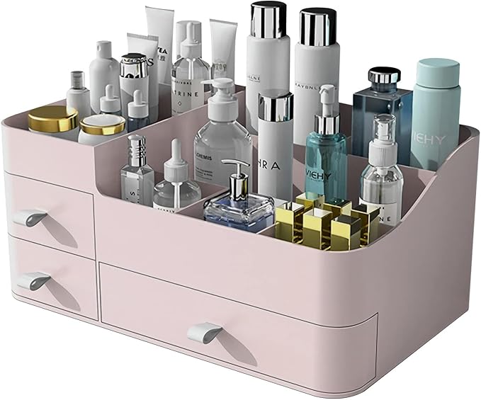 Makeup Organizer for Vanity, Large Countertop Organizer with Drawers, Cosmetics Storage for Cosmetics, Lipsticks, Jewelry, Nail Care, Skincare, Ideal for Bedroom and Bathroom Countertops (Pink)