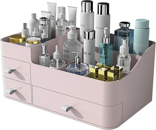 Makeup Organizer for Vanity, Large Countertop Organizer with Drawers, Cosmetics Storage for Cosmetics, Lipsticks, Jewelry, Nail Care, Skincare, Ideal for Bedroom and Bathroom Countertops (Pink)