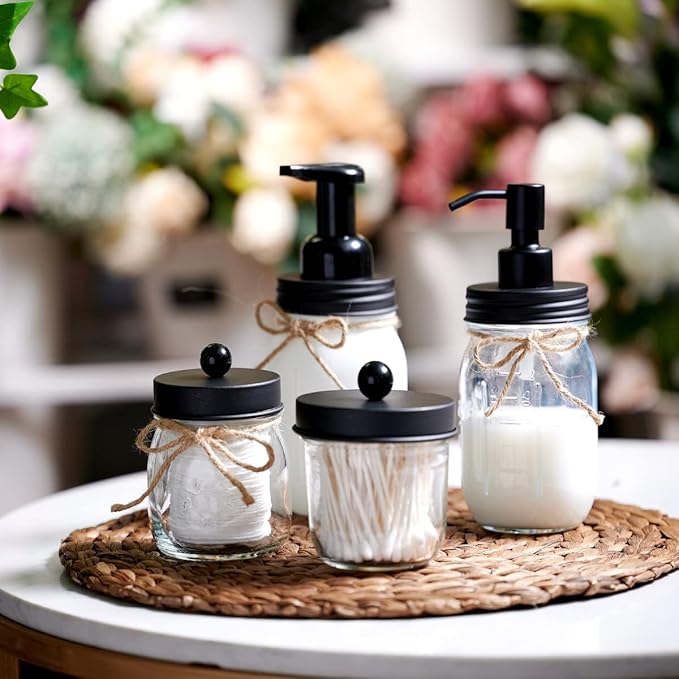 Amolliar Mason Jar Liquid Soap Dispenser Lid, Rust Proof Stainless Steel Replacement, Farmhouse Decor for Kitchen, Bathroom, Bath, Liquid Soap Pump for Hand Soap, Dish Soap, Lotion Soap, Black 2 Pack