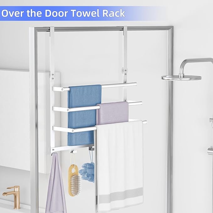Over The Door Towel Rack, Over Door Towel Racks for Bathroom Door with 5 Hooks, 3 Tier Towel Storage Hanger Holder for Bathroom Accessories, 16 Inch Towel Bar for Hanging Towels, White