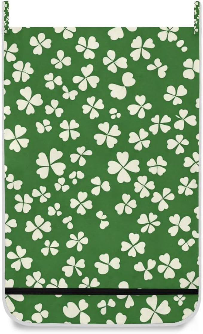 St. Patrick's Day Clovers Green Door Hanging Laundry Hamper Bag with Free Adjustable Stainless Steel Hooks Dirty Clothes Hamper Extra Large Over the Door Laundry Hamper 29.5X20inch 2Pack