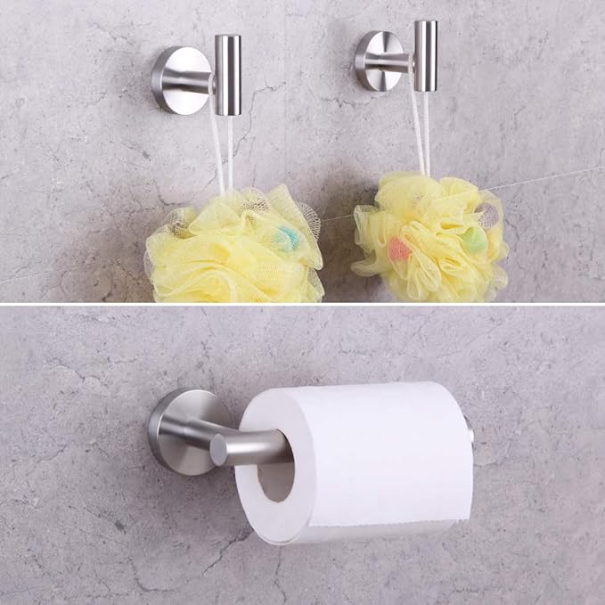 GERZWY Modern 3-Piece Bathroom Hardware Set Toilet Paper Holder and 2X Towel Hook Wall Mounted Brushed SUS 304 Stainless Steel AG1401B-LS