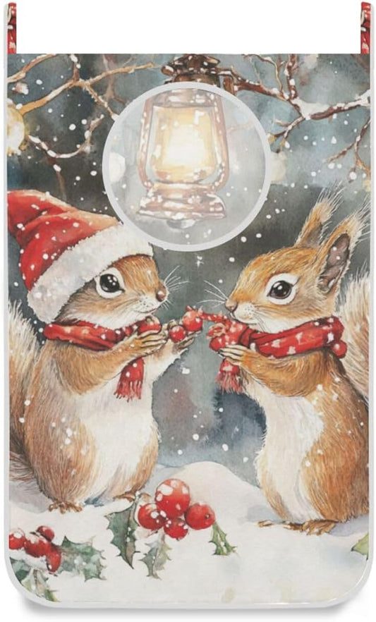 Christmas Squirrels Watercolor White Door Hanging Laundry Hamper Bag with Free Adjustable Stainless Steel Hooks Dirty Clothes Hamper Extra Large Over the Door Laundry Hamper 29.5X20inch 2Pack