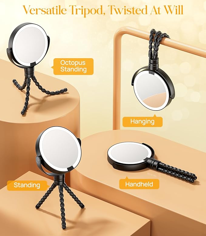 Gospire 5.85” Tripod Travel Makeup Mirror with Lights and Magnification 1X/10X, 4 in 1 Winding Hanging Handheld Tabletop, 3 Light Colors and Adjustable Brightness – Black