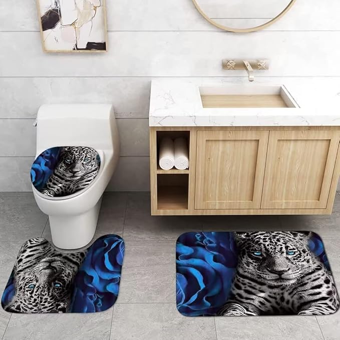 NBVKO 4PCS Blue Rose and Leopard Shower Curtain Set with Non-Slip Rugs,Toilet Lid Cover and Bath Mat,Bathroom Decor Accessory Set