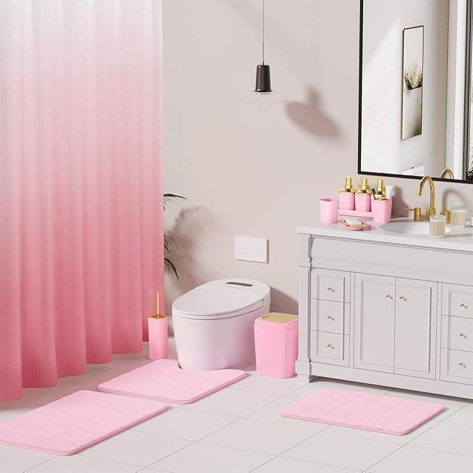 Bathroom Set - 27PC Bathroom Sets with Shower Curtain and Rugs, Pink Bathroom Set, Pink Bathroom Accessories Set with Push-lid Trash Can, Toilet Brush & Soap Dispensers