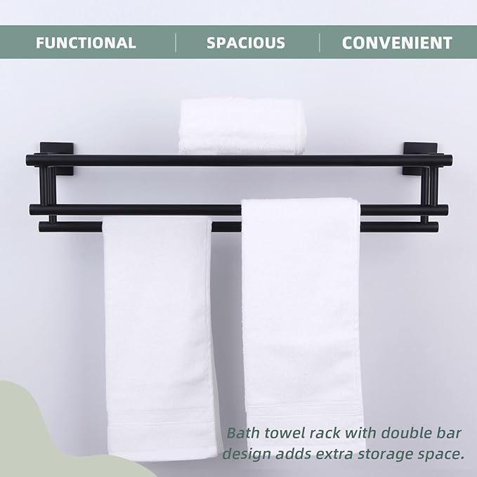 Bath Towel Shelf with 2 Towel Holders, Angle Simple Stainless Steel Bathroom Towel Rack with Towel Bars, Wall Mount Train Rack Matte Black 27.56 Inches