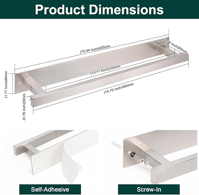 Self Adhesive Towel Bar, 16 Inch Square Towel Racks for Bathroom Wall Mounted SUS304 Stainless Steel Towel Hanger for Kitchen, No Drill or Screw-Mounted Towel Holder (Brushed Nickel)