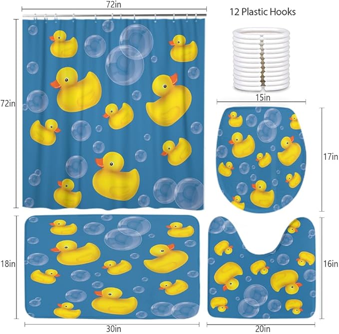 Ansouyi 4Pcs Bathroom Shower Curtain Sets with Non-Slip Rugs, Toilet Lid Cover and Bath Mat, Soap Bubbles Ducks on Blue Durable Waterproof Shower Curtain for Bathroom Set, 72x72 Inch
