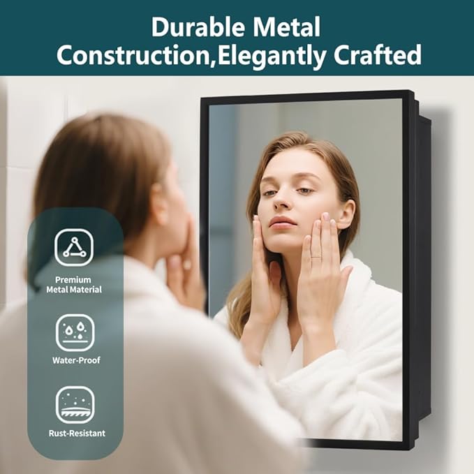 Movo 20 inch x 26 inch Medicine Cabinet with Mirror,Black Recessed or Surface Mounted Mirrored Medicine cabinets for Bathroom