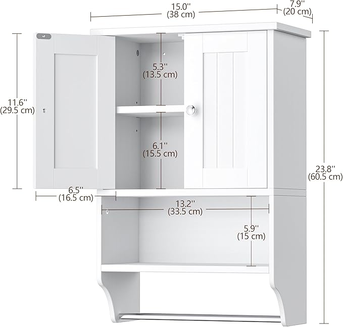 Keehusux Small Bathroom Wall Cabinet with Towel Bar and Adjustable Shelf, Modern Medicine Cabinet with 2 Lined Doors, Wooden Over the Toilet Storage Cabinet for Kitchen, Living Room, Entryway, White