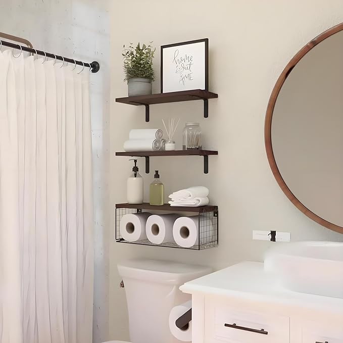 Bathroom Shelves Over Toilet, Set of 3 Wall Mounted Floating Shelves with Storage Basket Rustic Wood Shelf for Home Organization, Wall Decor for Bathroom, Kitchen, Living Room. (Brown)
