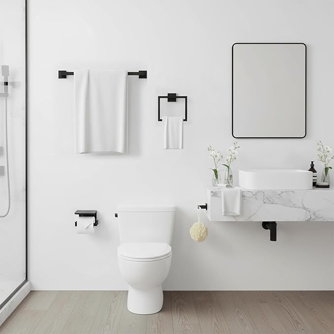 24 Inch Bathroom Hardware Set, 5-Pieces Matte Black Bathroom Accessories Set, Stainless Steel Towel Rack Set, Towel Bar, Towel Hooks, Updated Toilet Paper Holder with Shelf Wall Mounted