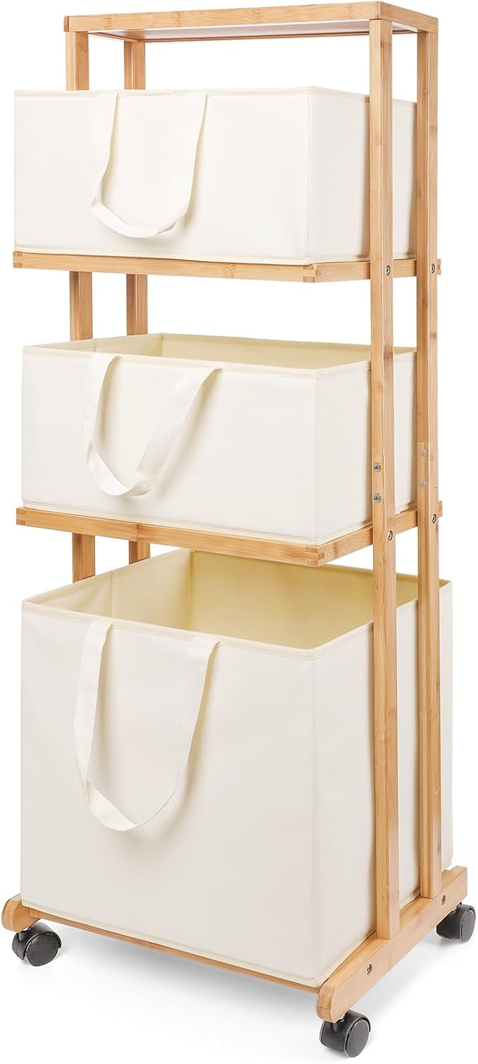 Homde Laundry Basket 3 Tier Bamboo Storage Shelf with Wheels Removable Container with Handle Freestanding Clothes Hamper Organizer for Bathroom Living Room Bedroom (Natural)