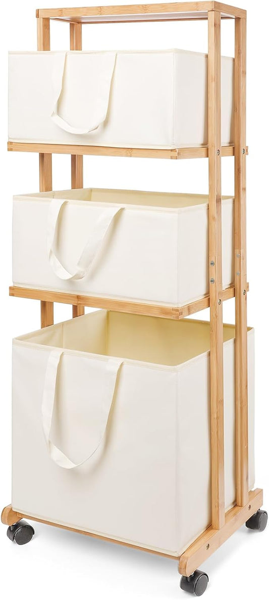 Homde Laundry Basket 3 Tier Bamboo Storage Shelf with Wheels Removable Container with Handle Freestanding Clothes Hamper Organizer for Bathroom Living Room Bedroom (Natural)