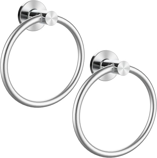 Brushed Silver Towel Ring 2Pack, SUS304 Stainless Steel Hand Towel Holder for Bathroom Kitchen, Modern Style Towel Hanger, Thicken Ring Towel Holder, Towel Rack Round Wall Mounted (2, Brushed Silver)
