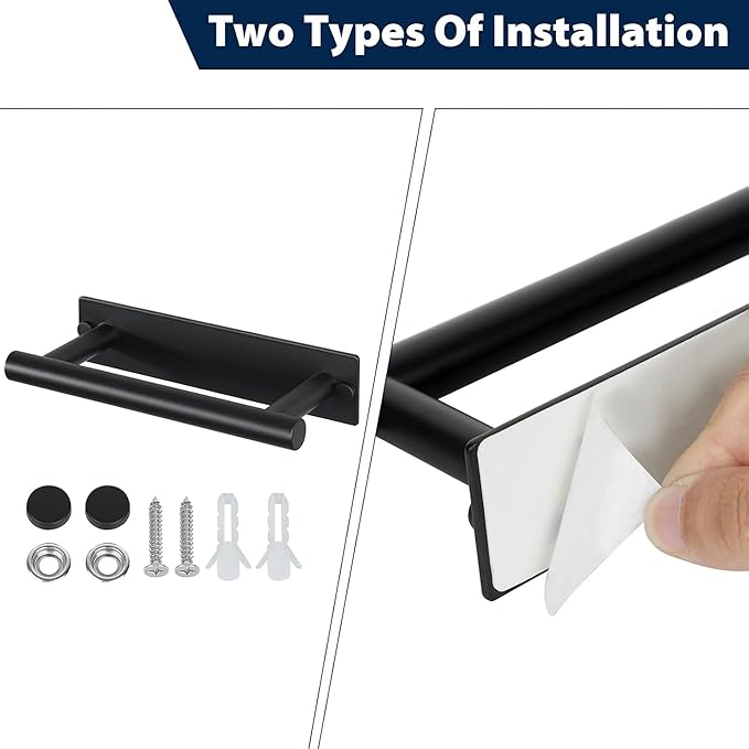 Alise Adhesive Towel Bar Black,Towel Racks for Bathroom Wall Mounted,Bathroom Towel Rack SUS304 Stainless Steel,Towel Holder for Kitchen/Bathroom Hardware Decoration,Sticky or Screw-Mounted,16 Inch