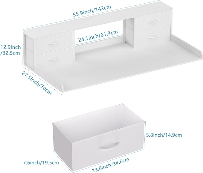 Unionly Washer and Dryer Countertop, 27.5“ D x 53.9“ W x 12.9“ H Solid Wood Washer and Dryer Countertop with Organizer Shelves with Four Drawers for Laundry Room Organization (White)