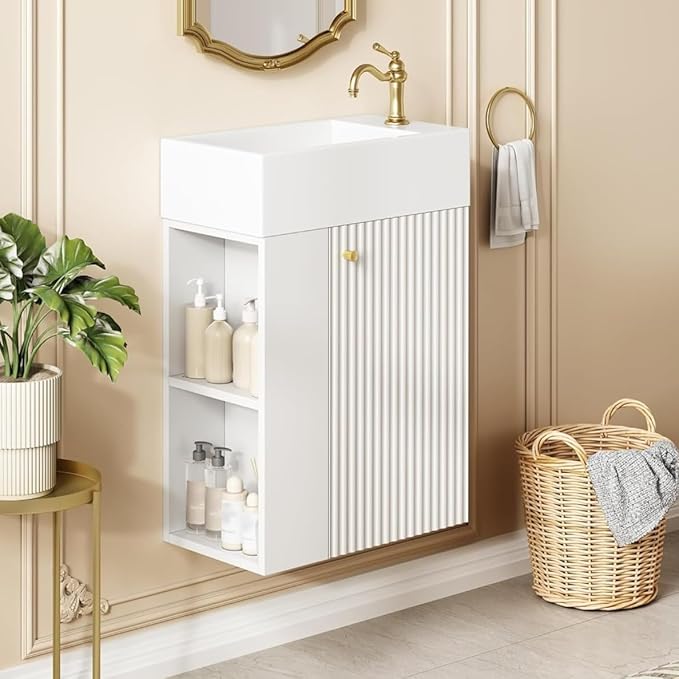 Virubi 18.5" Floating Bathroom Vanity with Sink, Soft Closing Doors, Wood Modern Single Small Bathroom Vanity Cabinet with Open Shelf, Wall Mounted (White, Left Shelves)
