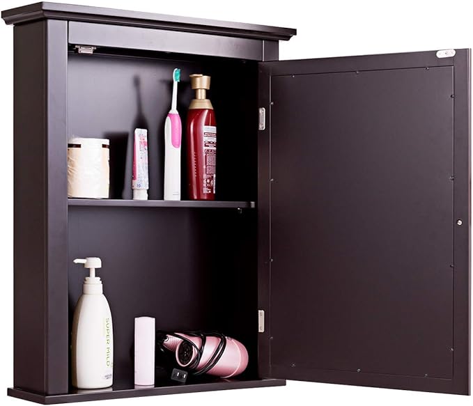 Tangkula Bathroom Cabinet with Mirror, Mirrored Wall-Mounted Storage Medicine Cabinet w/Single Door & Adjustable Shelf in 5 Positions, Multipurpose Wall Cabinet for Bathroom (Brown)