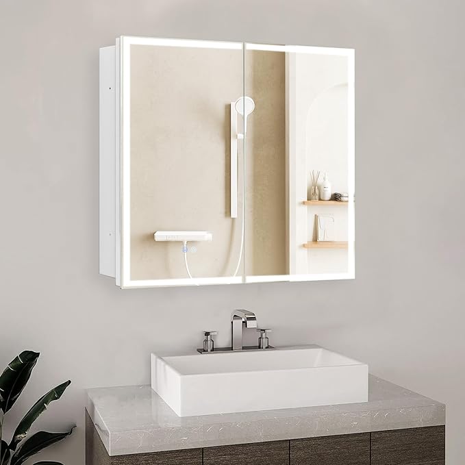 32 x 26 Inch Lighted Medicine Cabinet with 2-Side LED Mirror & Electrical Outlet, 3 Color Lights Dimmable Tempered Glass Frontlit Anti-Fog UL Listed Recessed Wall Mount for Bathroom Storage