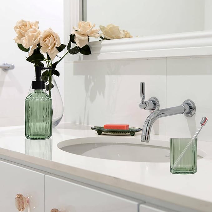 Green Bathroom Accessories Set, 4Pcs Glass Soap Dispenser Set Includes Soap Dispenser, Toothbrush Holder, Mouthwash Cup, Soap Dish for Home Decor, Countertop Vanity Organize