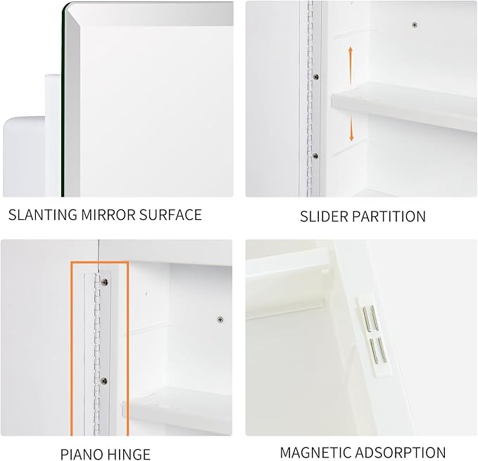 Bathroom Medicine Cabinet with Beveled Mirror,Medicine Cabinet with Storage Function,Hanging Storage Cabinet,Bathroom Mirror Cabinet,Adjustable Shelves,White (16 x 20 inch)