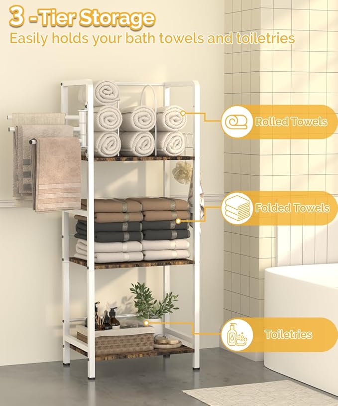 Mondazie Free Standing Towel Racks for Bathroom with 3 Rotating Bars, 3-Tier Floor Towels Holder Stand with Detachable Dividers, Pool Towel Storage Organizer with 8 S-Hooks for Home, Poolside, White