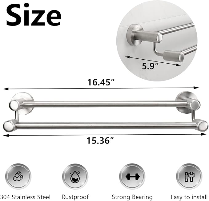TocTen Double Bath Towel Bar - Thicken SUS304 Stainless Steel Towel Rack for Bathroom, Bathroom Accessories Double Towel Rod Heavy Duty Wall Mounted Towel Holder (Brushed Nickel, 16 in)