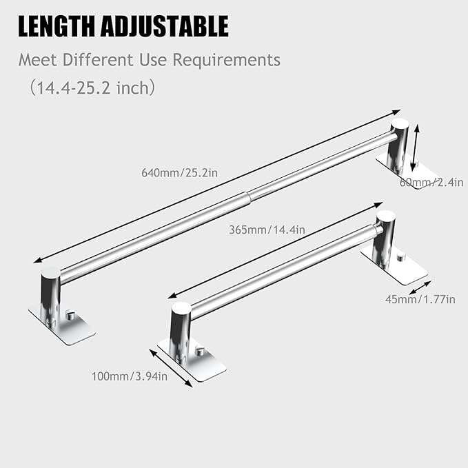 Towel Bar, 14inch to 25inch Adjustable Towel Holder Rod, Self Adhesive Wall Mounted Hand or Body Towel Rack for Bathroom Kitchen, Stainless Steel Organizer Single Bar (Chrome, 1 Pack)