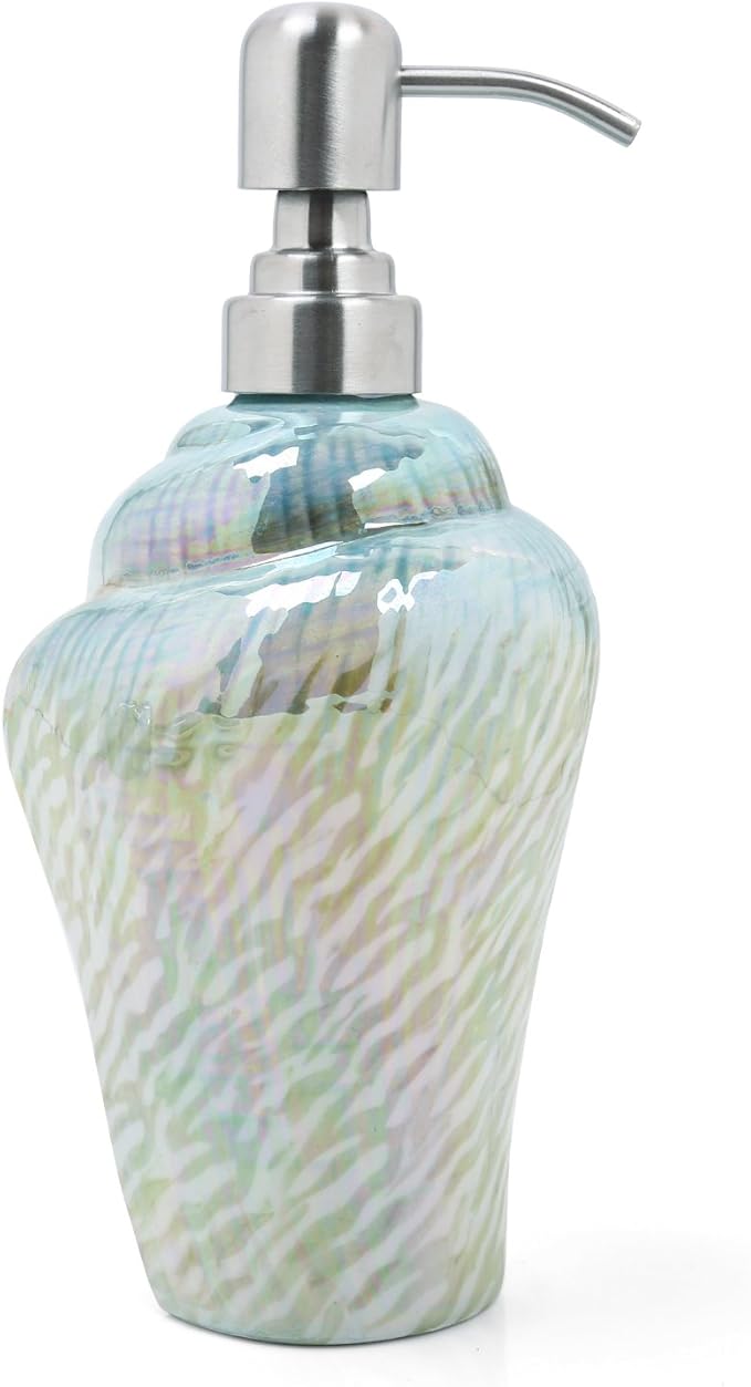 Ocean Conch Sea Shell Ceramic Bathroom Accessories Set of 4,1 Gargle Cups 1 Toothbrush Holders 1 Soap Dishes 1 Soap Dispenser (Green)