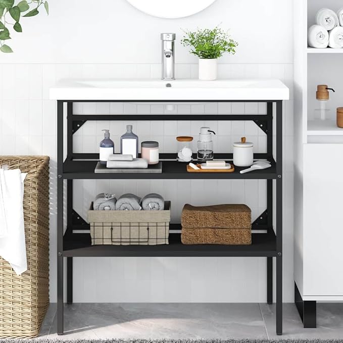 vidaXL Black Iron Bathroom Washbasin Frame - Weather- Powder-Coated Console Sink Stand, Easy-to-Clean, 31.1"x15"x32.7" Storage Furniture