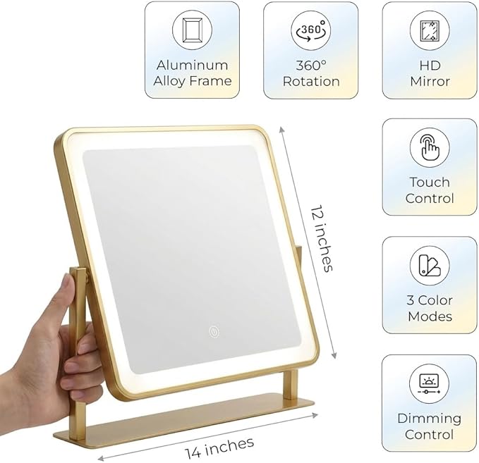 Vanity Mirror with Lights, 12"×14" Makeup Mirror with Lights, LED Makeup Mirror, Brightness Adjustable, Smart Touch with 3 Color Lighting Modes, for Bedroom Tabletop - Gold