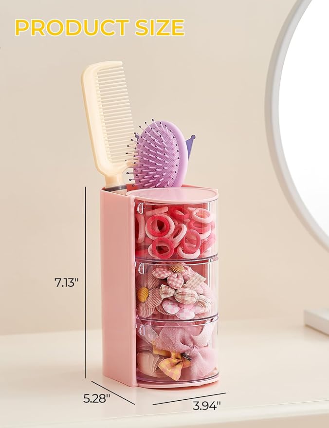 Hair Accessories Organizer with Hair Brush Holder, 3 Drawer Rotatable Hair Tie Organizer for Makeup Brushes, Hair Clips, Earrings, Necklaces, Bracelets and Hair Accessories, Pink, 3-Layer
