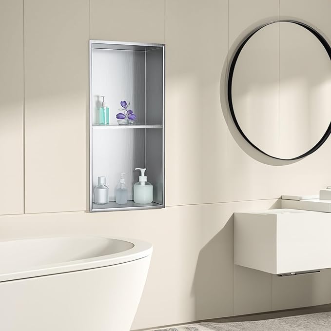 SaniteModar Shower Niche, Stainless Steel Shower Niche No Tile Needed, Recessed for Bathroom Storage (Brushed Silver, 12x24,Double)