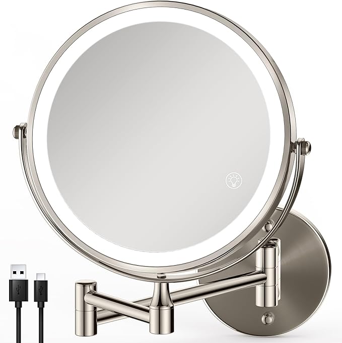 GREENFROM Rechargeable Wall Mounted Makeup Mirror Brushed Nickel, 8.5'' Magnifying Mirror with Lights Double-Sided 1X/10X 360° Rotation Extension Bathroom Shaving Mirror with Foldable Arm