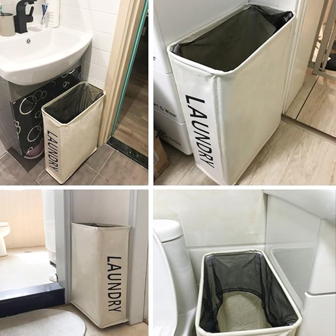 ZERO JET LAG 52L Large Slim Rolling On Wheels Laundry Hamper Tall Dirty Clothes Storage Basket Standable Corner Handy Bin Hamper Basket 15×8×22" (22 Inches, Printed Beige)