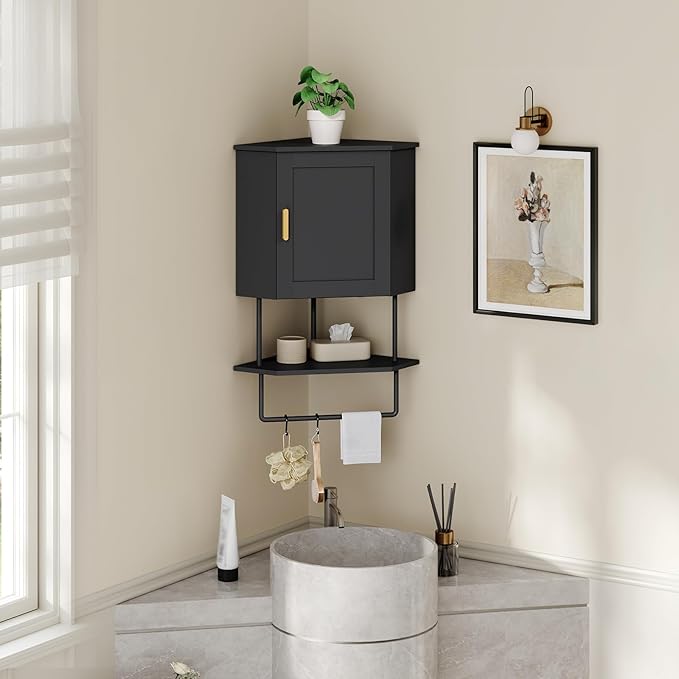 MAHANCRIS Bathroom Wall Cabinet, Corner Wall Mount Medicine Cabinet with Adjustable Shelf & Towel Bar, 3-Tier Over Toilet Storage Cabinets for Bathroom Laundry Room Kitchen, for Small Space, Black